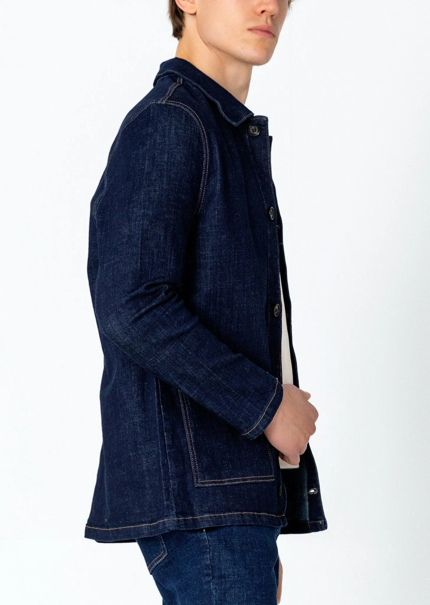 Patch Pocket Fitted Denim Jacket - Navy