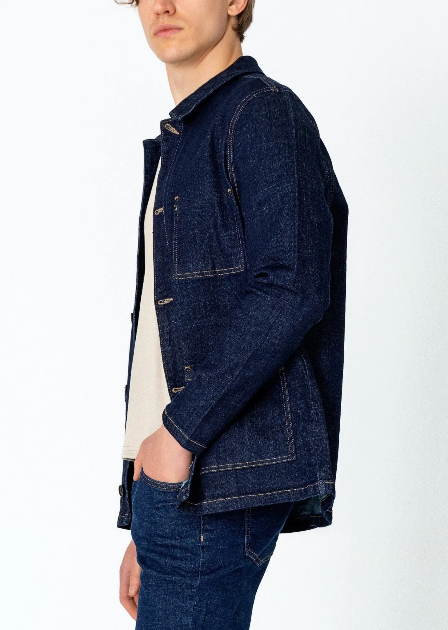 Patch Pocket Fitted Denim Jacket - Navy