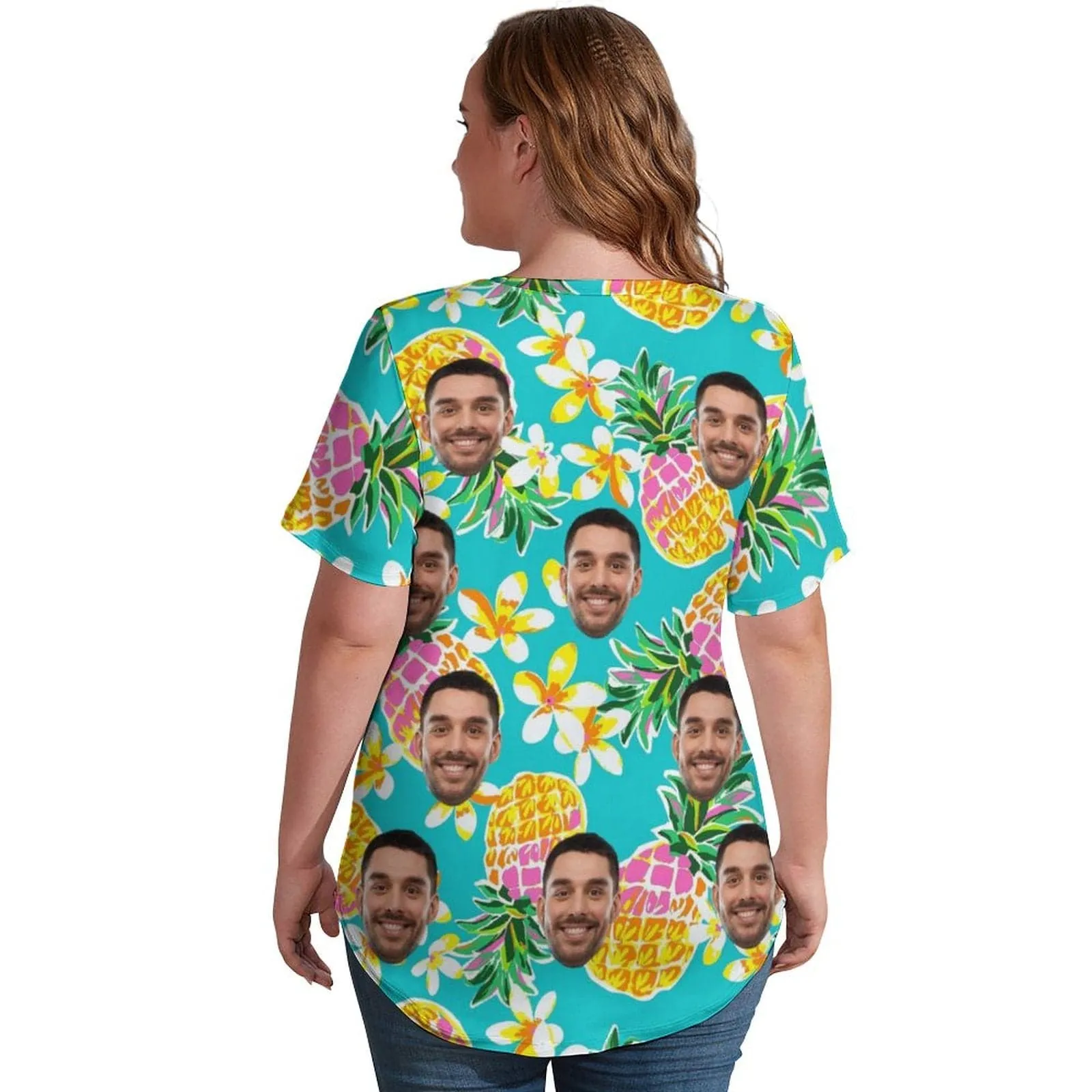 #Plus Size T-shirt-Custom Face Pineapple Plus Size V Neck T-shirt for Her Print Your Own Face on Shirt for Vacation