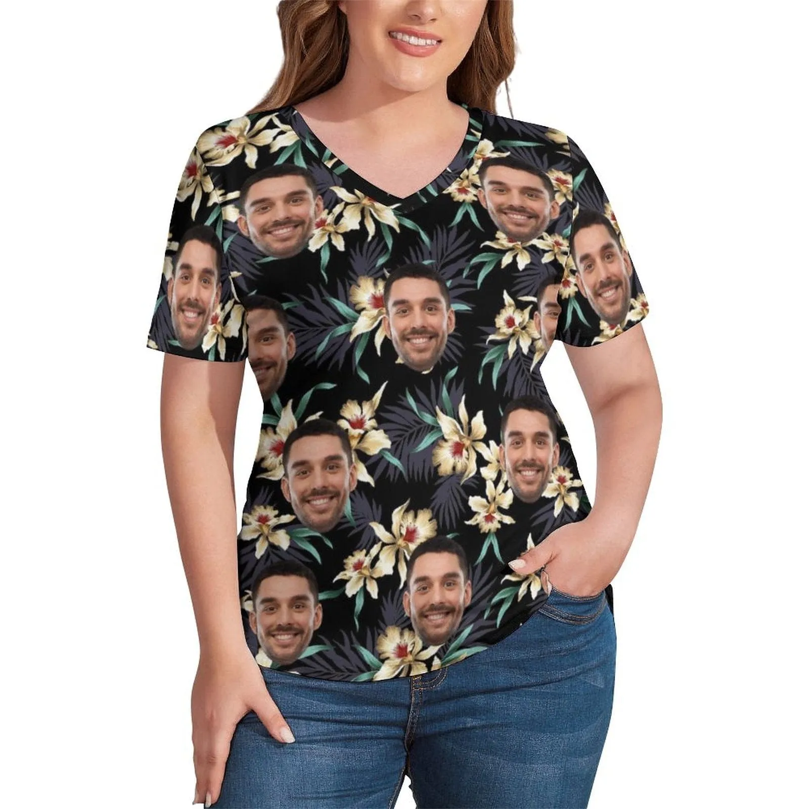 #Plus Size T-shirt-Custom Face Tropical Leaves Plus Size V Neck T-shirt for Her Print Your Own Face on Shirt