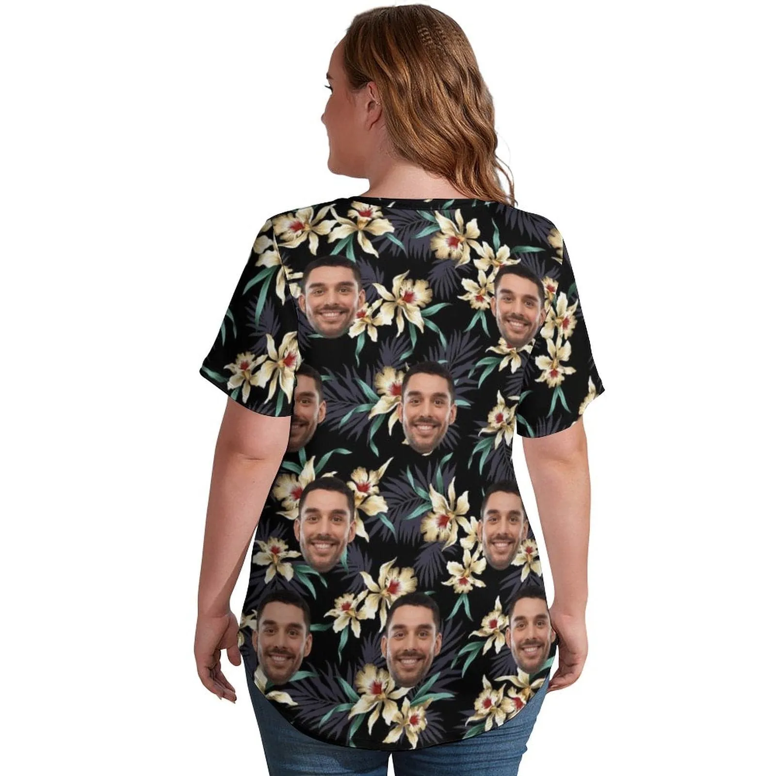 #Plus Size T-shirt-Custom Face Tropical Leaves Plus Size V Neck T-shirt for Her Print Your Own Face on Shirt