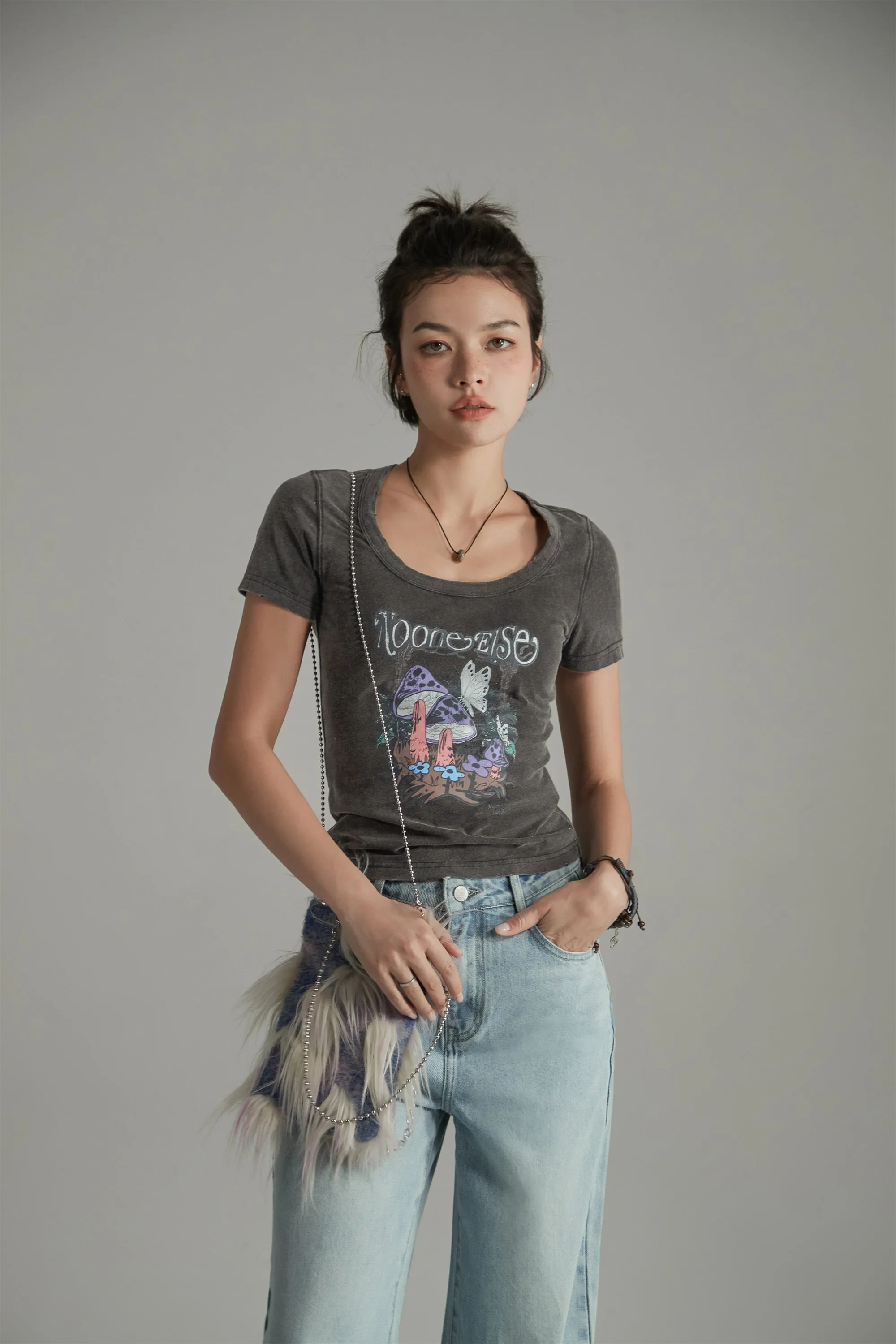 Printed Mushroom Vintage Slim T-Shirt