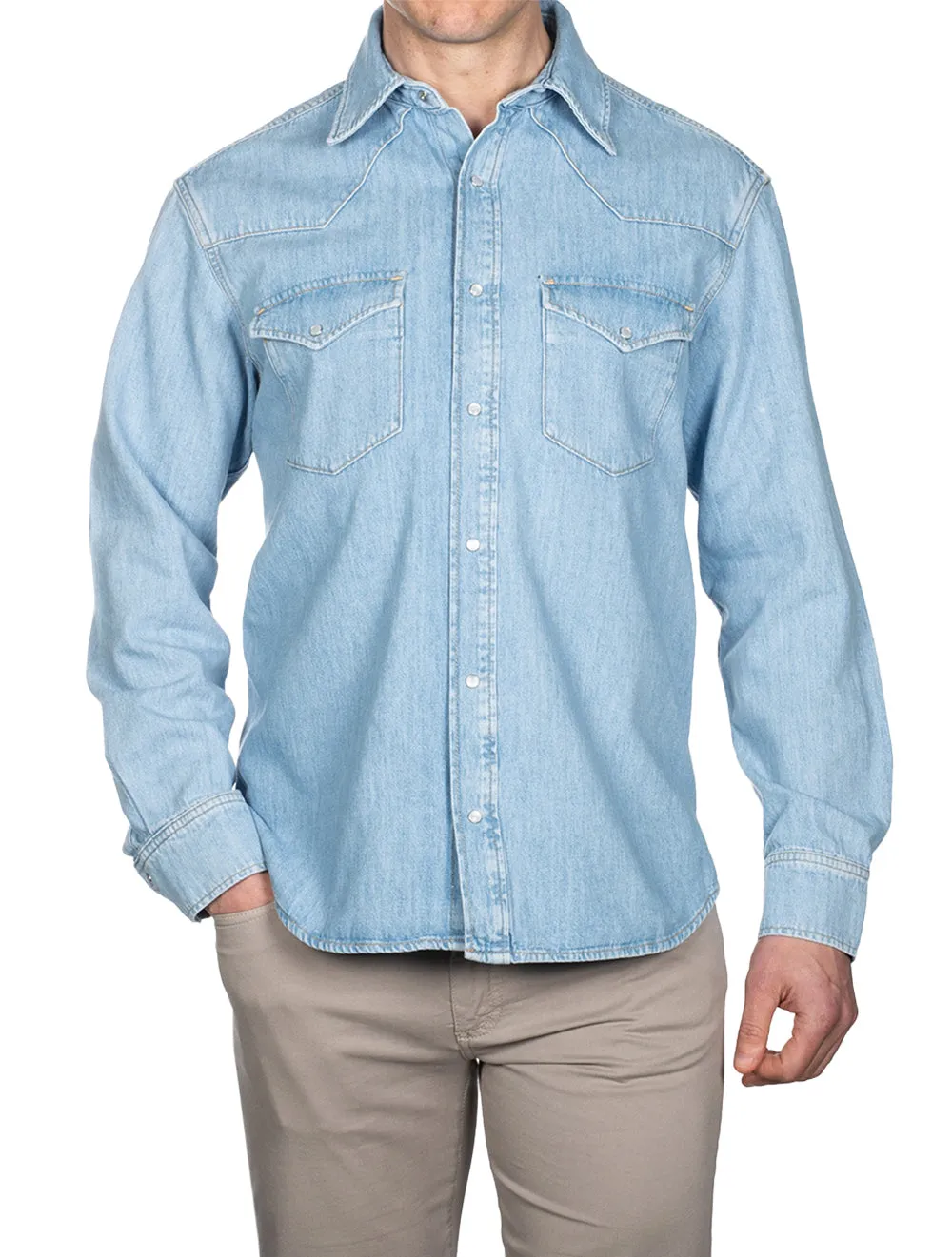 Relaxed Fit Denim Western Town Shirt Light Blue Worn In