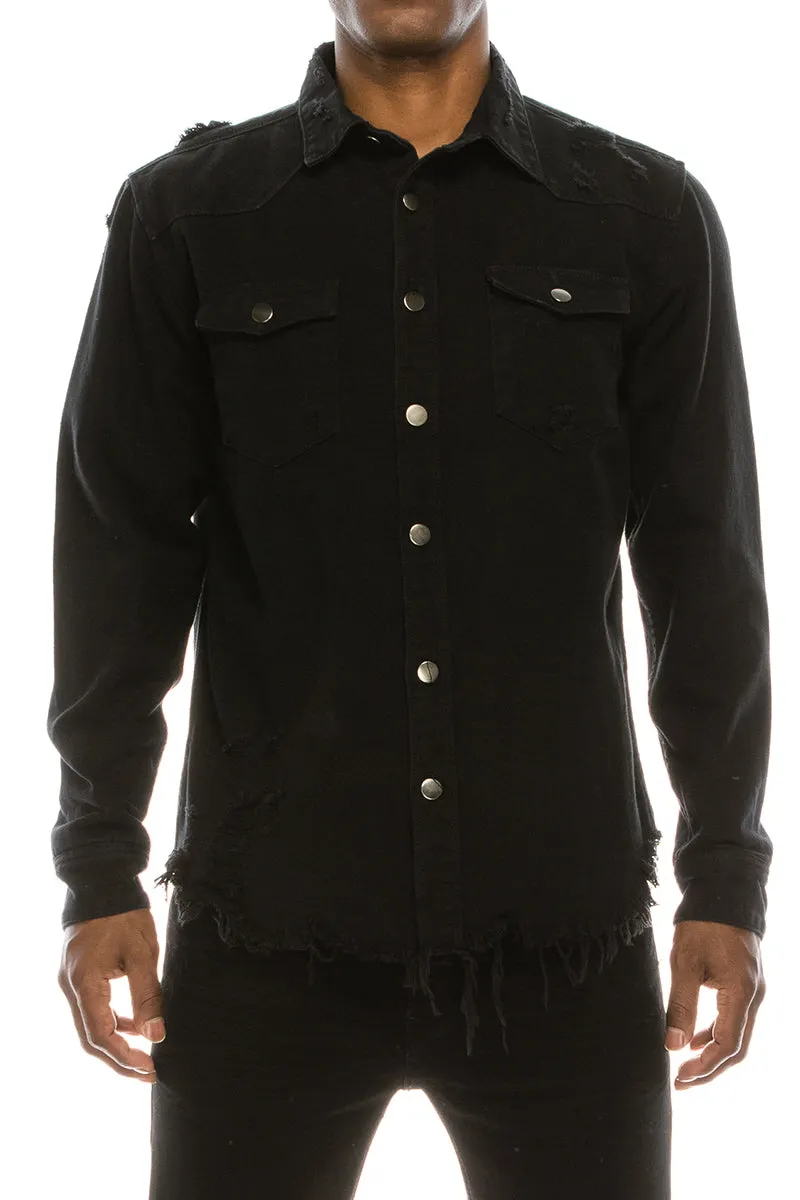 Ripped Denim Overshirt - Black