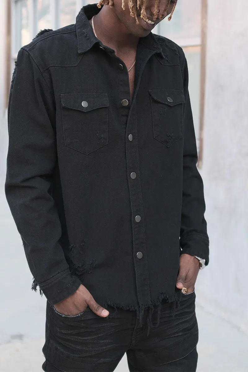 Ripped Denim Overshirt - Black