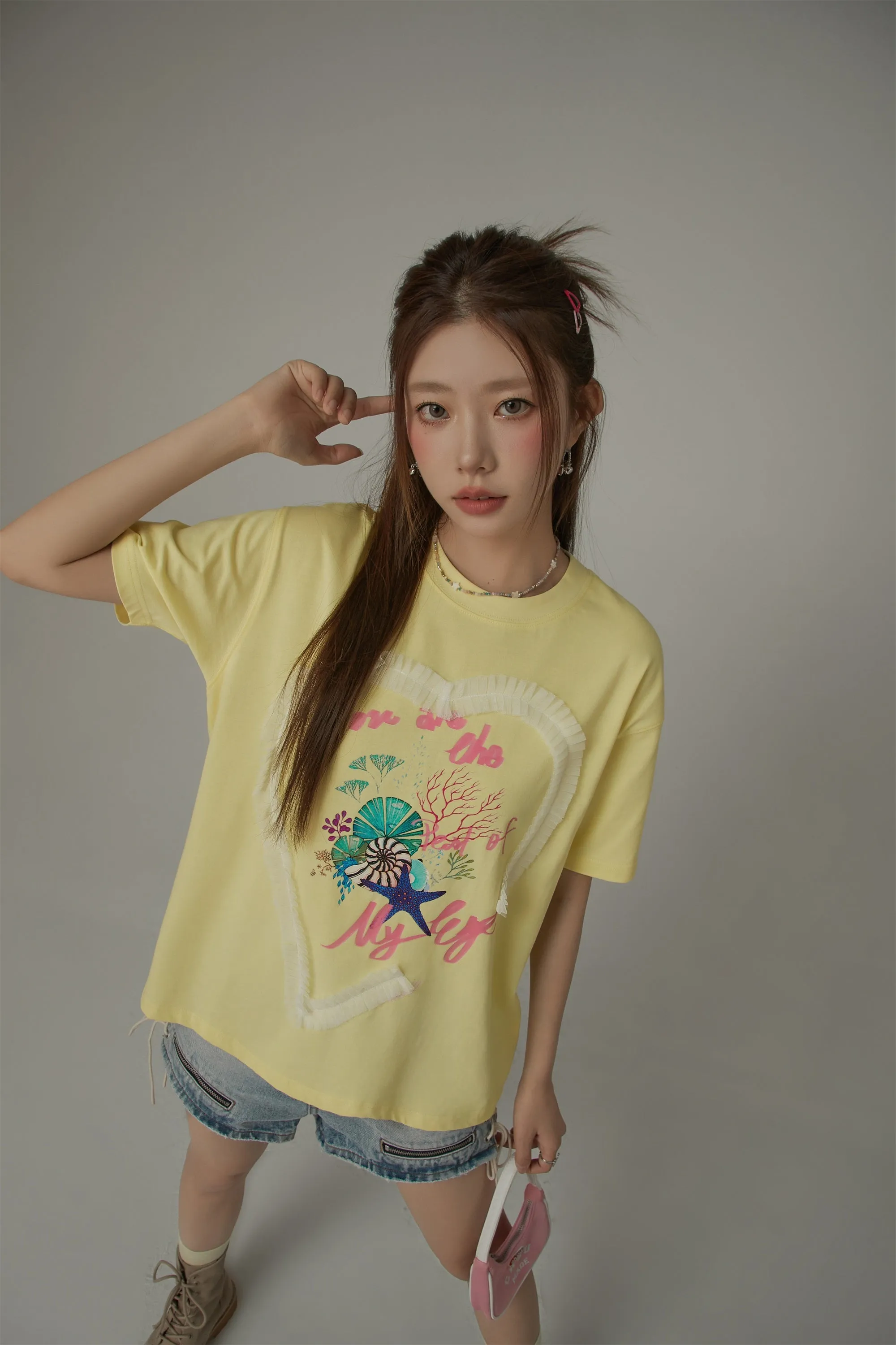 Ruffle Heart Printed Loose Fit T-Shirt