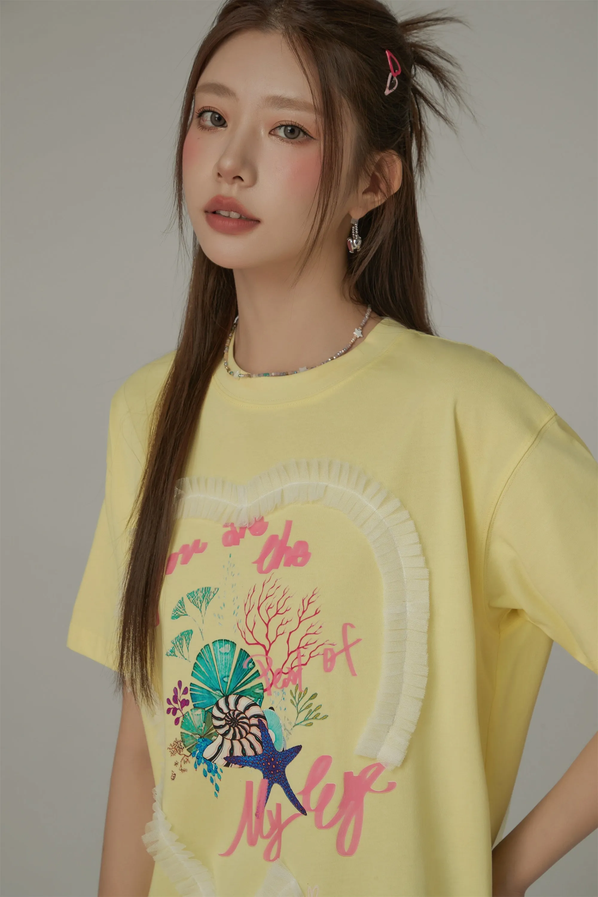 Ruffle Heart Printed Loose Fit T-Shirt