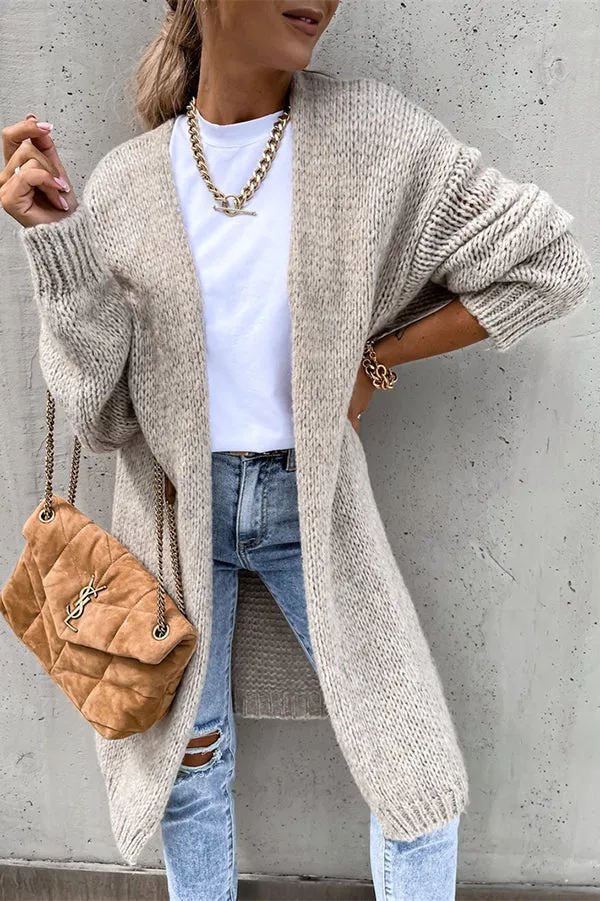 Solid Color V-neck Knitted Long-sleeved Oversized Midi Cardigan