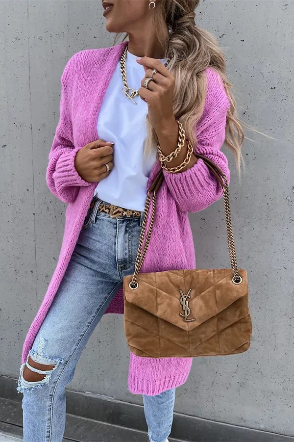 Solid Color V-neck Knitted Long-sleeved Oversized Midi Cardigan