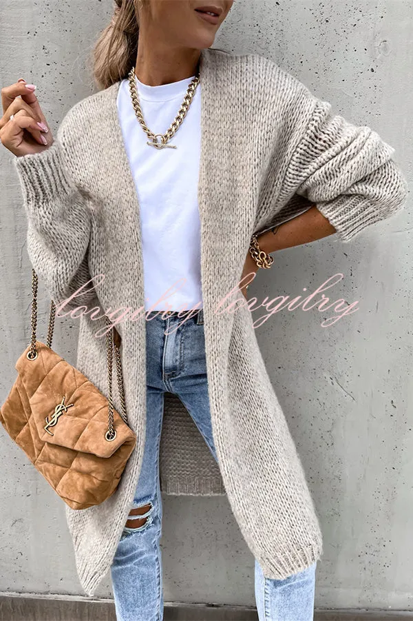 Solid Color V-neck Knitted Long-sleeved Oversized Midi Cardigan