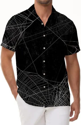 Spider Web Print Halloween Men's Casual Hawaiian Button Holiday Beach Short Sleeve Black