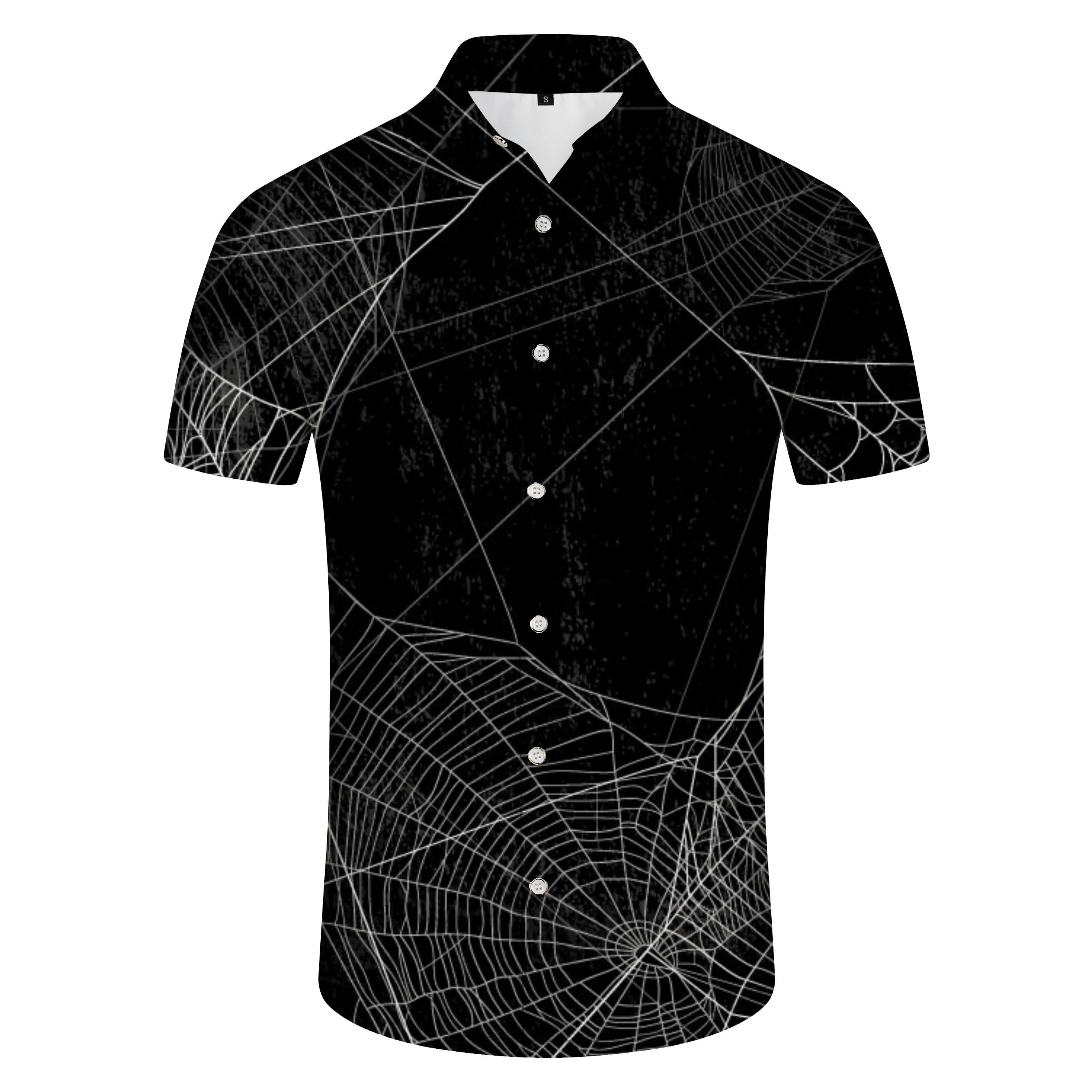 Spider Web Print Halloween Men's Casual Hawaiian Button Holiday Beach Short Sleeve Black