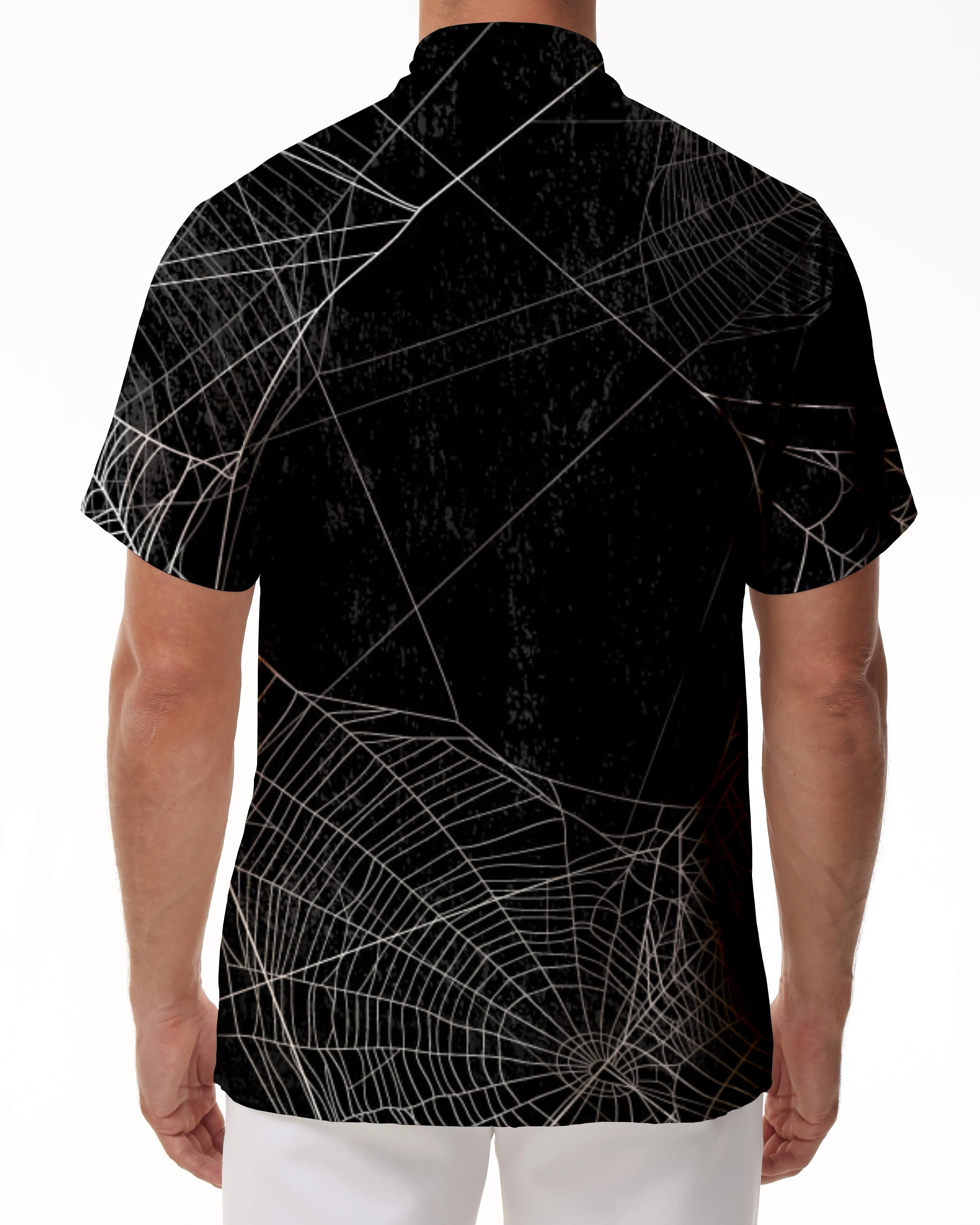 Spider Web Print Halloween Men's Casual Hawaiian Button Holiday Beach Short Sleeve Black