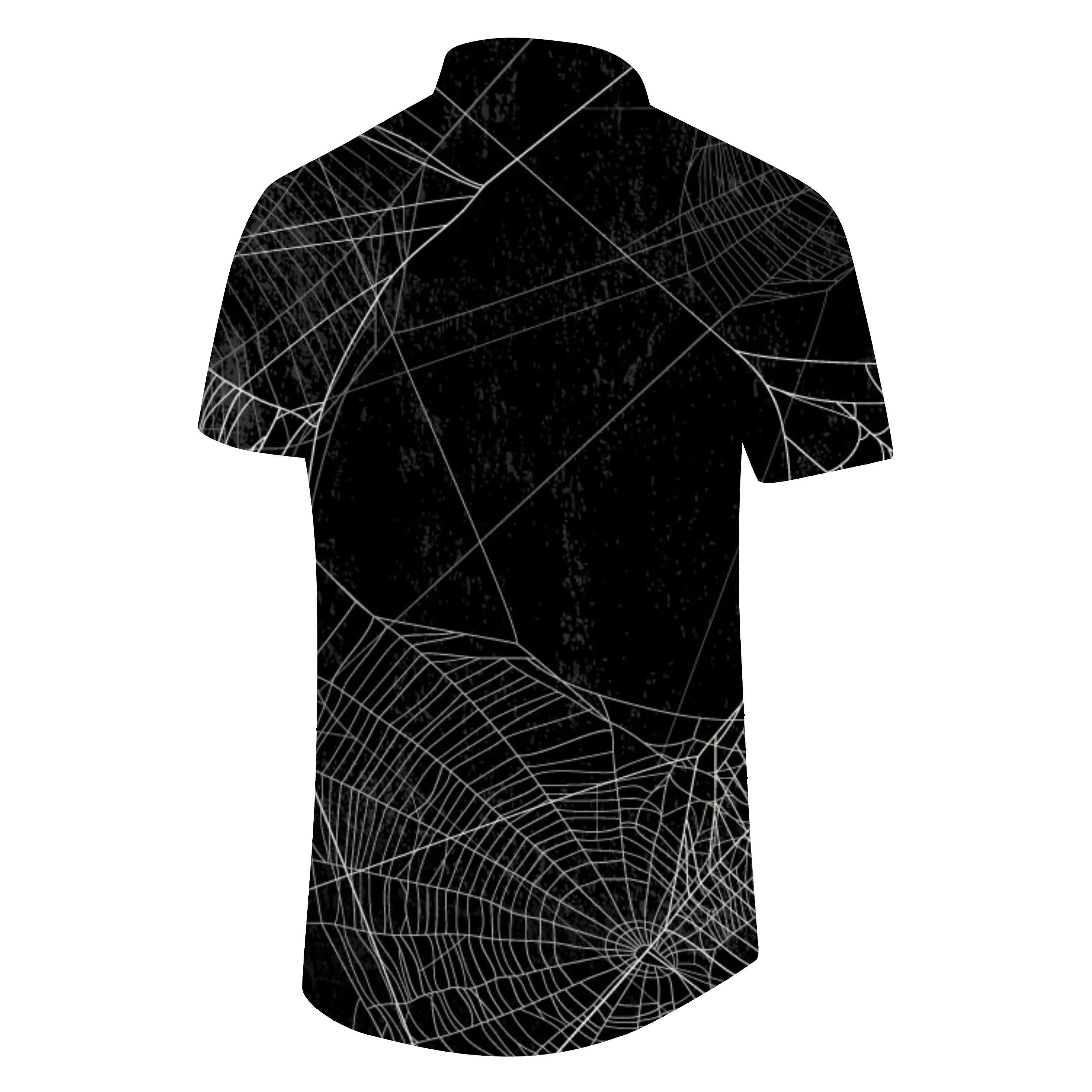 Spider Web Print Halloween Men's Casual Hawaiian Button Holiday Beach Short Sleeve Black