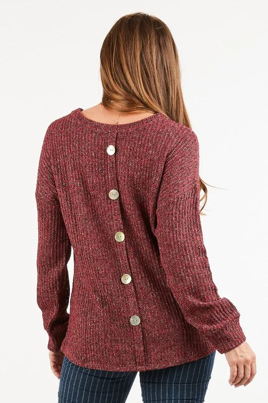 Two-tone soft knit long sleeve top with button back detail